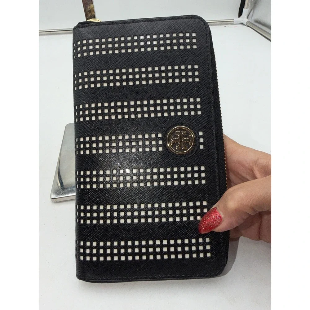 Tory Burch Black Saffiano Leather Perforated Zip Around Continental Wallet